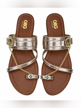 GBG Los Angeles Women’s Metallic Snake Print Chain Accent Slide Sandals. Size: 8